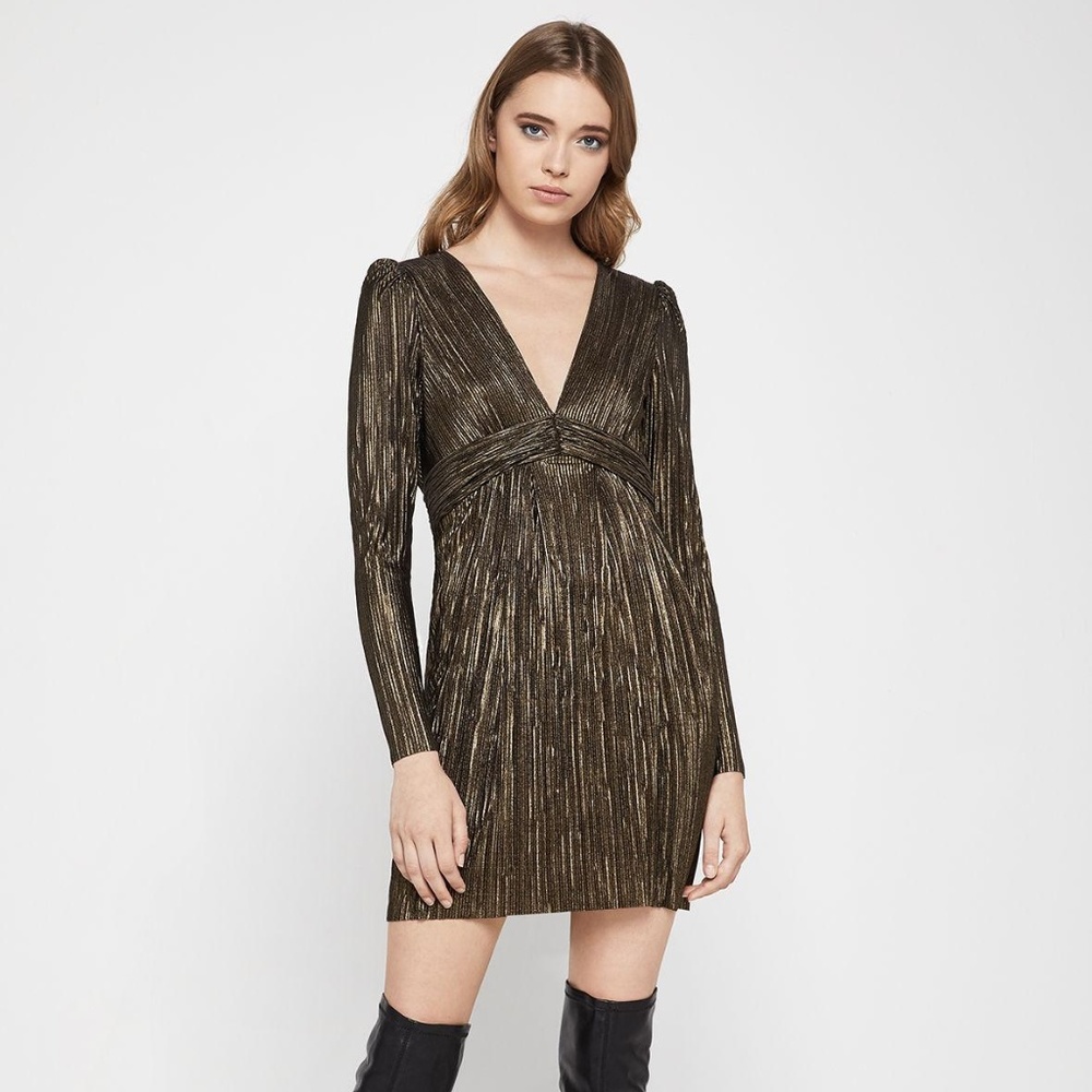 BCBGeneration Gold Foil Long Sleeve Mini Dress